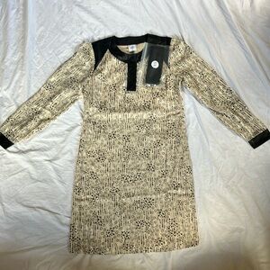 NWOT CAbi Black and Cream Long Sleeve Dress with Faux-Leather Accents